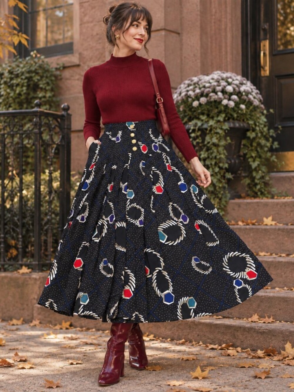 Vintage Jeanne Marc Jewel Tone Print Pleated Full Skirt S 8-10 USA Rose Buttons